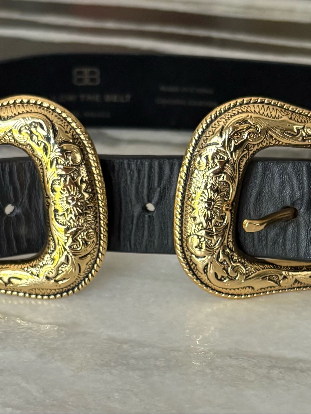 B Low The Belt Double Buckle Black Leather Belt with Ornate Gold Buckles
